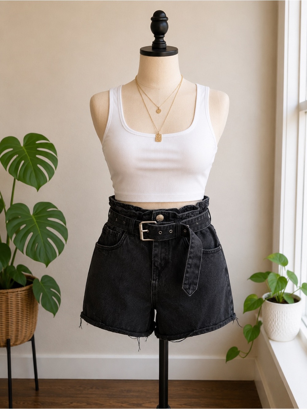 Forever 21 Black Paperbag Waist Denim Shorts Belted High Rise Small
